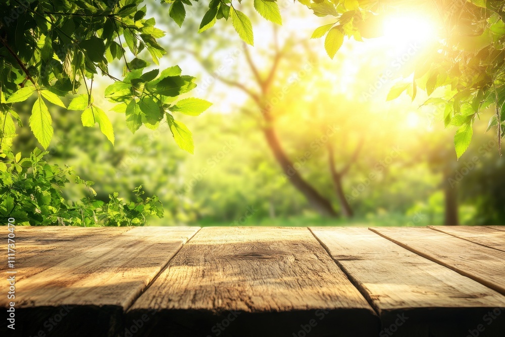 A sunlit forest scene with a wooden table in the foreground, inviting a sense of nature. A sunlit forest scene with a wooden table in the foreground, inviting a sense of nature.