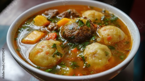 Delicious african stew with dumplings and vegetables in a bowl for comfort food lovers