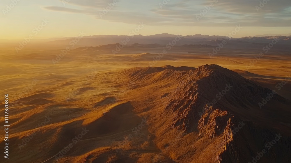 Aerial view of a vast desert landscape at sunset, showcasing mountains and rolling terrain. Aerial view of a vast desert landscape at sunset, showcasing mountains and rolling terrain.