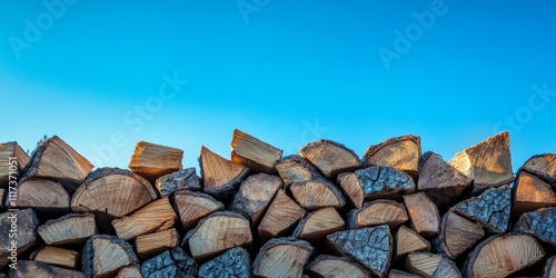 Stacked Chopped Firewood against a Clear Blue Sky, showcasing the beauty of nature s resource. This image highlights the charm of Chopped Firewood in an outdoor setting. photo