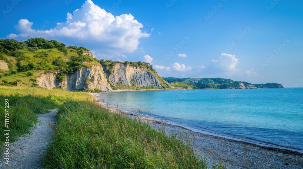 Obraz premium Coastal landscape with rocky cliffs and serene blue sea on a sunny day Discover National Parks Fortnight