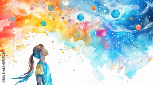 Expanding Girls' Horizons in Science and Engineering Month Imaginative watercolor of a girl gazing at expansive cosmic horizon