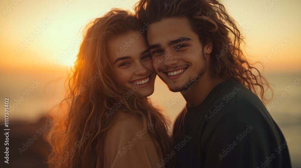 A young couple smiles warmly, embracing each other against a stunning sunset backdrop. The scene captures joy and love as golden sunlight creates a romantic atmosphere. A young couple smiles warmly, embracing each other against a stunning sunset backdrop. The scene captures joy and love as golden sunlight creates a romantic atmosphere.
