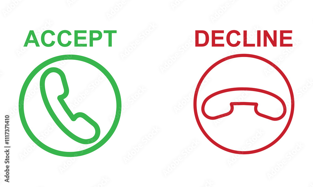 Phone call icon accept and decline. agree disagree to terms and condition. colourful buttons for app, website, ui. isolated on white background design Template, . Vector illustration . EPS 10 Phone call icon accept and decline. agree disagree to terms and condition. colourful buttons for app, website, ui. isolated on white background design Template, . Vector illustration . EPS 10