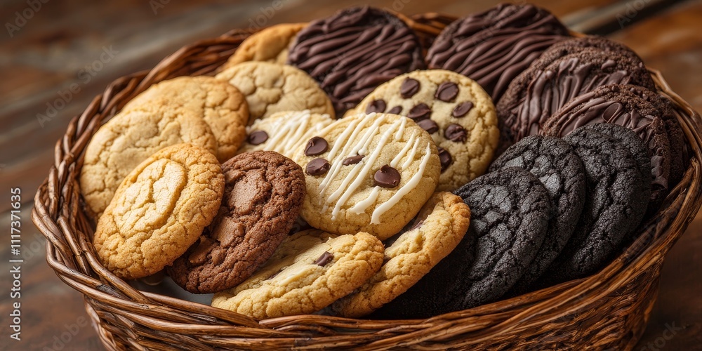 Delicious cookies arranged in a basket on a table, showcasing an assortment of tasty cookies that invite enjoyment and satisfaction with every delightful bite of these cookies. Delicious cookies arranged in a basket on a table, showcasing an assortment of tasty cookies that invite enjoyment and satisfaction with every delightful bite of these cookies.
