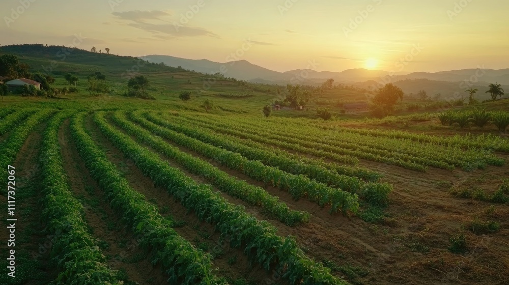 beautiful view in a green farm field with rows of rural plants and vegetables with amazing sunset or sunrise on background of agricultural landscape beautiful view in a green farm field with rows of rural plants and vegetables with amazing sunset or sunrise on background of agricultural landscape