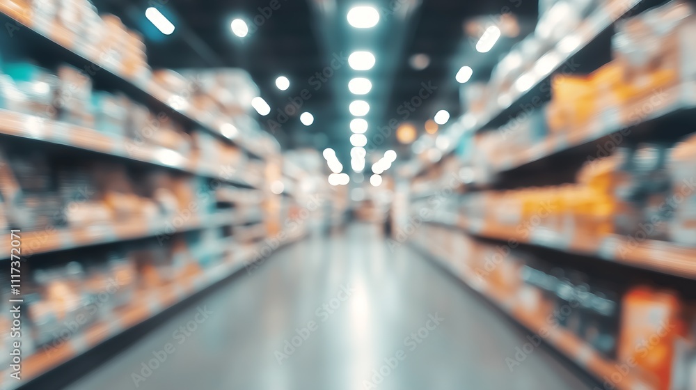 Blurred Grocery Store Aisle with Shelves of Products and Soft Lighting for Abstract Shopping Scene : Generative AI Blurred Grocery Store Aisle with Shelves of Products and Soft Lighting for Abstract Shopping Scene : Generative AI