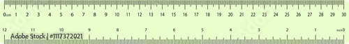 Yellow Ruler icon in flat style. Size, height, distance ruler vector. Measure length web sign. Horizontal scale with 12 inch and 30 centimeter markup and numbers isolated on transparent background.