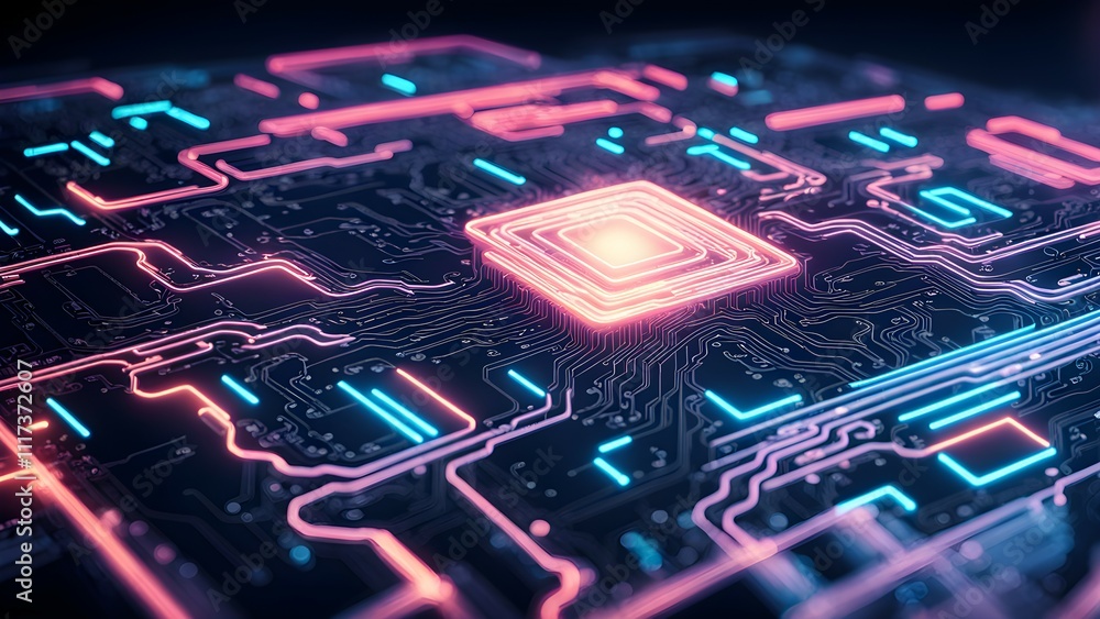 A futuristic circuit board with glowing lines and a central processor. A futuristic circuit board with glowing lines and a central processor.