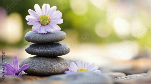 Therapeutic Massage Awareness Day Zen garden tranquility with stacked stones and daisies for spa and relaxation