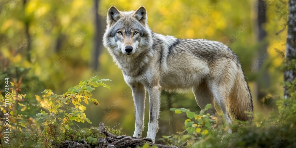 Gray wolf Canis lupus illuminated by summer light in a woodland. This captivating gray wolf showcases its beauty in its natural habitat, surrounded by the vibrant splendor of the forest. Gray wolf Canis lupus illuminated by summer light in a woodland. This captivating gray wolf showcases its beauty in its natural habitat, surrounded by the vibrant splendor of the forest.