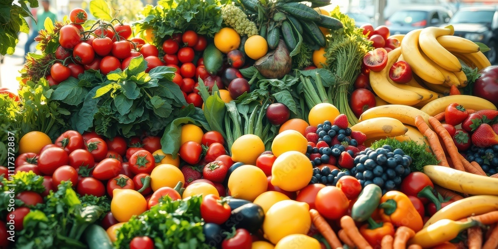 A Vibrant Display of Fresh Produce Featuring an Abundance of Tomatoes, Lemons, Bananas, Carrots, and Other Delectable Fruits and Vegetables A Vibrant Display of Fresh Produce Featuring an Abundance of Tomatoes, Lemons, Bananas, Carrots, and Other Delectable Fruits and Vegetables