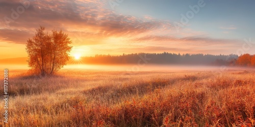 Stunning autumn misty sunrise landscape featuring a foggy morning over a scenic high grass meadow. This beautiful autumn scenery captures the essence of nature s tranquil charm. photo