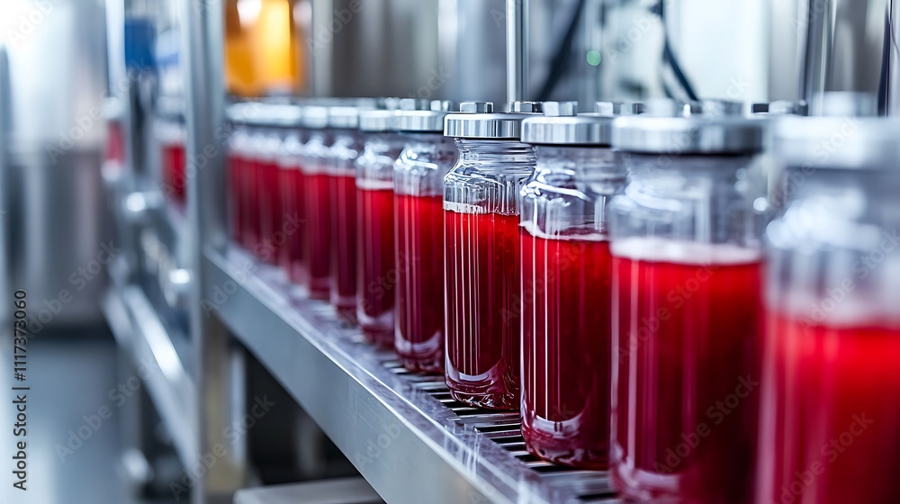 Rows of filled glass jars on a conveyor belt in a food processing plant. Rows of filled glass jars on a conveyor belt in a food processing plant.