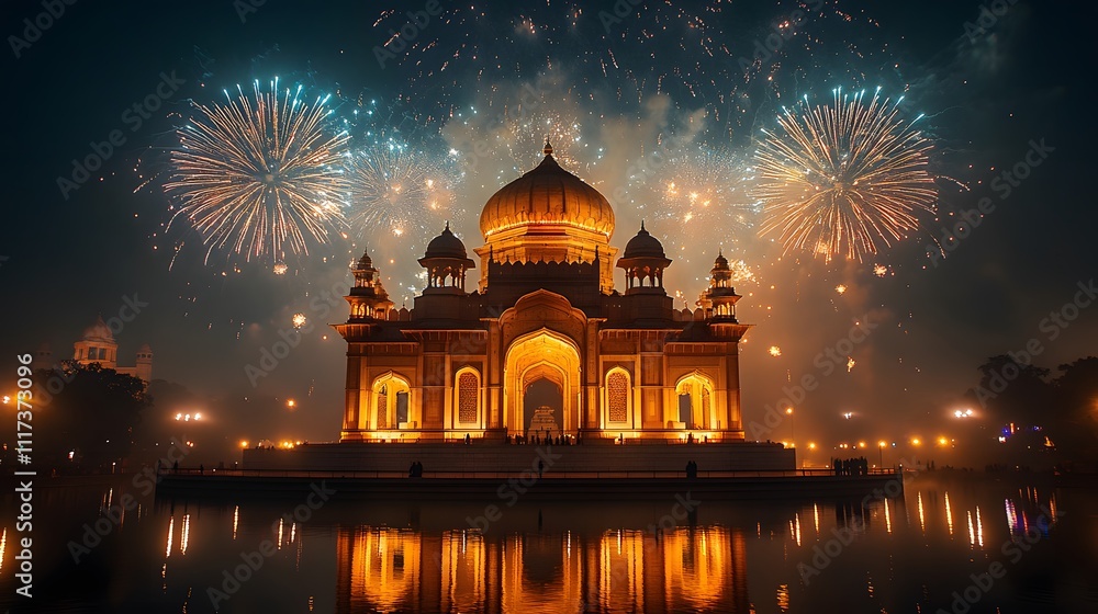 Fototapeta premium Fireworks illuminating the night sky above a national monument to commemorate Republic Day pride