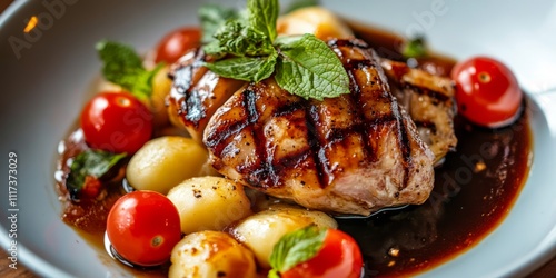 Grilled porky neck served with gnocchi and a rich demi glace sauce, garnished with cherry tomatoes and fresh mint, creating a delightful dish featuring tender porky neck flavors. photo