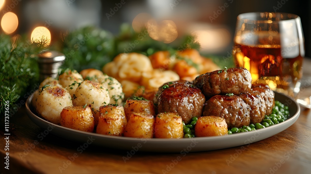 A Burns Night supper scene with a traditional Scottish menu, including whisky, haggis, neeps, and tatties on the table