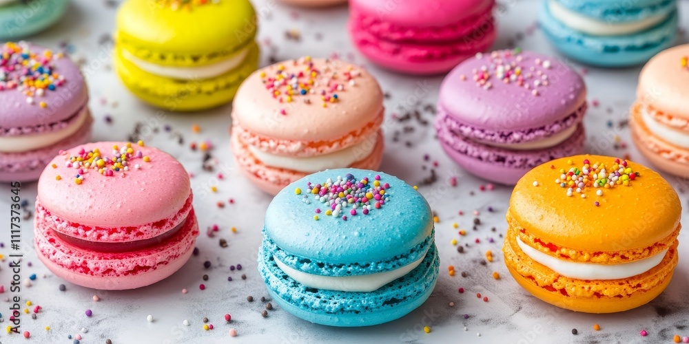 Fototapeta premium Vibrant macaron cookies that offer a delightful taste experience these colorful macarons are perfect for any occasion and will impress with their beautiful taste and appealing designs.