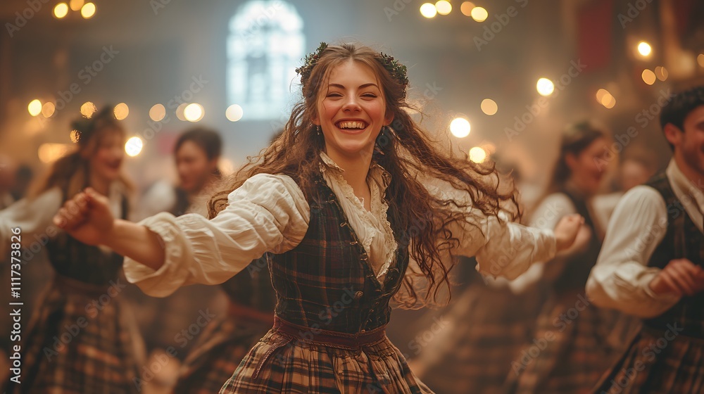 A traditional Scottish ceilidh dance being performed at a Burns Night party, with lively music and energetic movements A traditional Scottish ceilidh dance being performed at a Burns Night party, with lively music and energetic movements