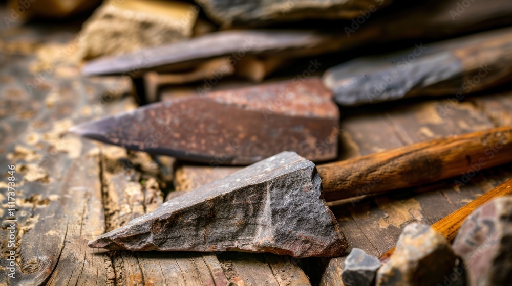 Close-up of ancient stone tools, sharp flint knives, and polished axes on a weathered wooden surface, symbolizing prehistoric craftsmanship and the dawn of human ingenuity Close-up of ancient stone tools, sharp flint knives, and polished axes on a weathered wooden surface, symbolizing prehistoric craftsmanship and the dawn of human ingenuity
