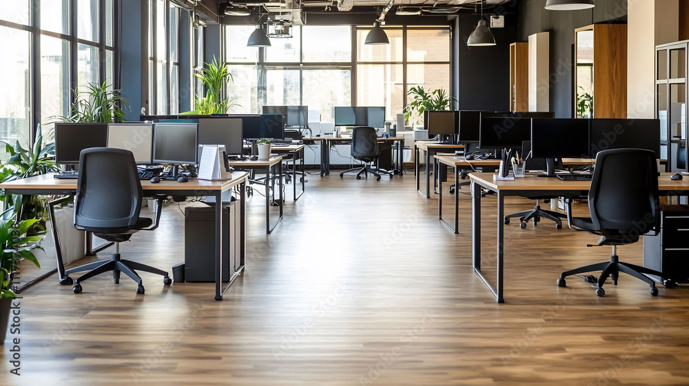 Modern office with sleek black desks large monitors and an overall minimalist design creating a professional workspace Modern office with sleek black desks large monitors and an overall minimalist design creating a professional workspace