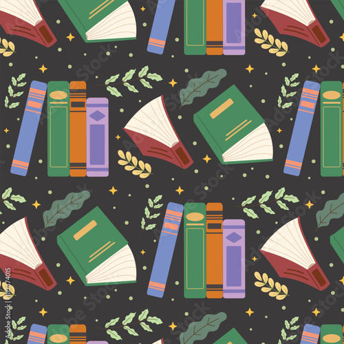 Seamless pattern of books, Stack of books and leaf design. Education and knowledge vector concept.