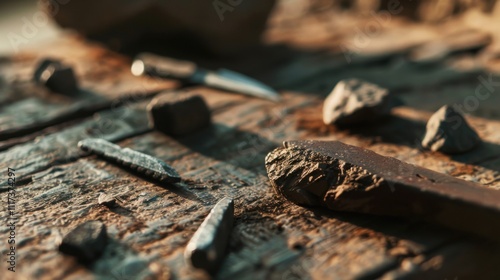 Close-up of ancient stone tools, sharp flint knives, and polished axes on a weathered wooden surface, symbolizing prehistoric craftsmanship and the dawn of human ingenuity photo