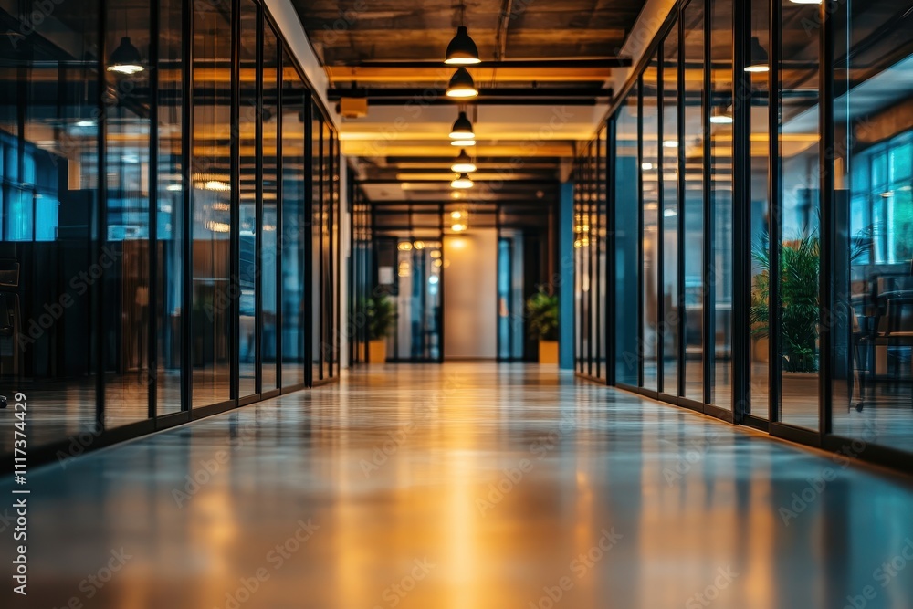 Modern office corridor with glass walls and warm lighting, creating a professional atmosphere. Modern office corridor with glass walls and warm lighting, creating a professional atmosphere.