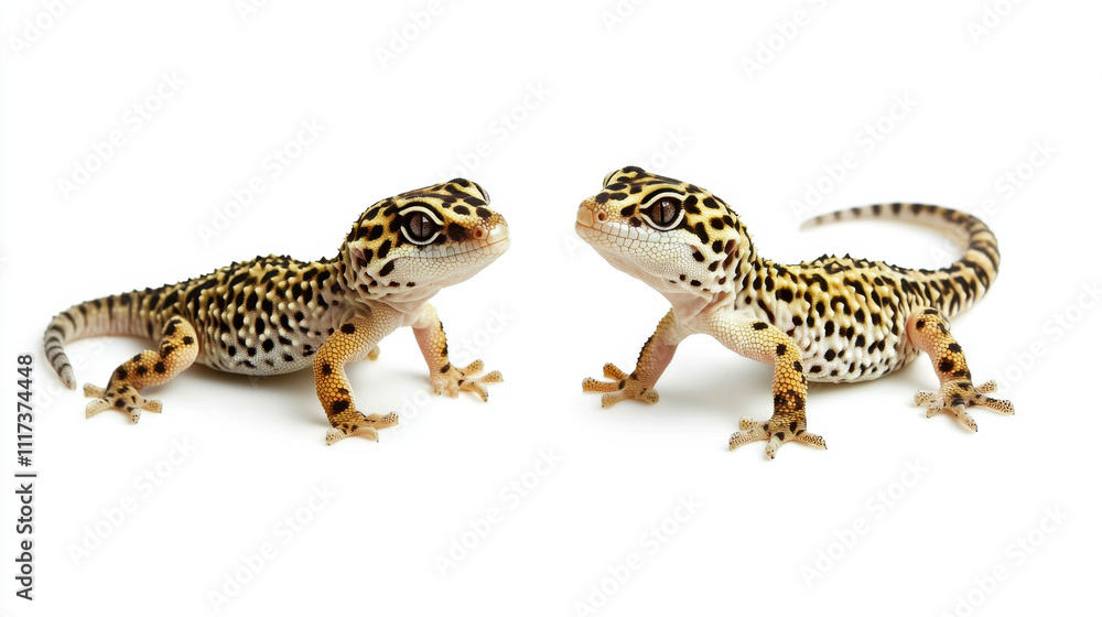 Leopard geckos facing each other on white background Leopard geckos facing each other on white background