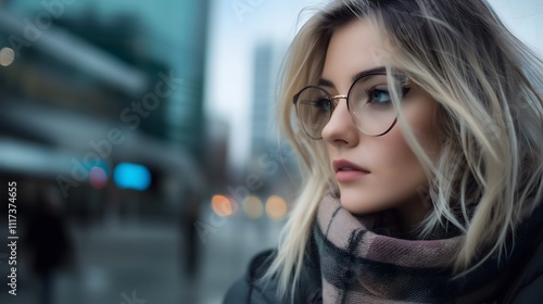 A fashionable woman stands at Yonge and Eglinton, adorned with glasses and a cozy scarf, gazing thoughtfully into the distance as the city lights begin to twinkle in the dusk. photo