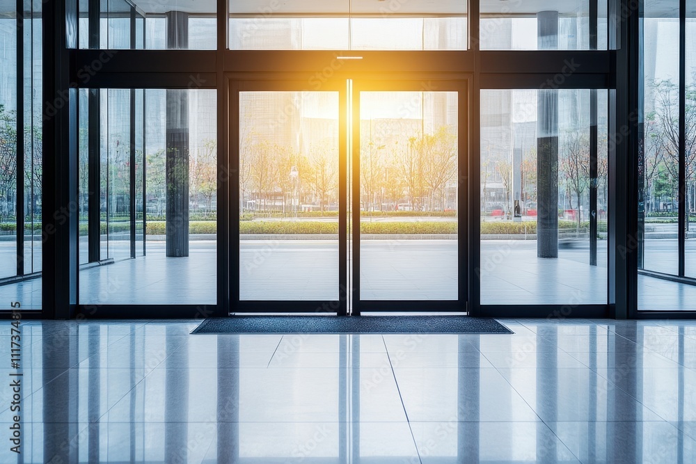 Modern glass entrance with sunlight illuminating a spacious lobby. Modern glass entrance with sunlight illuminating a spacious lobby.