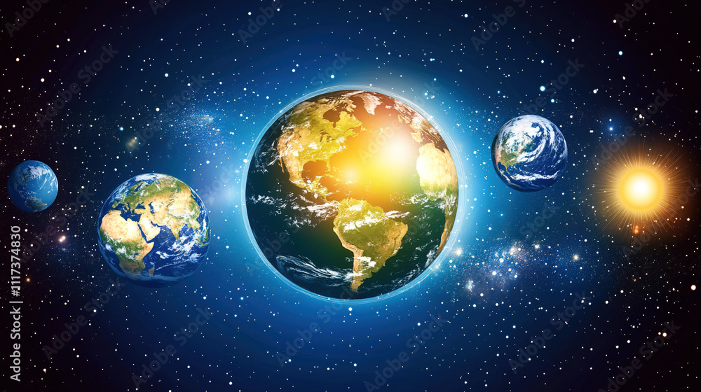Obraz premium Earth axis diagram illustration showing the tilt of the Earth's rotational axis relative to its orbital plane, explaining the cause of seasonal changes and the distribution of sunlight.