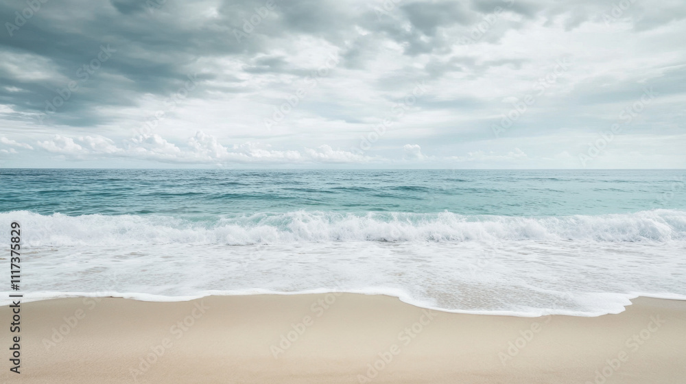 Calm seascape with gentle waves lapping against a sandy beach under a cloudy, serene sky, evoking a feeling of tranquility and peace in nature's embrace. Calm seascape with gentle waves lapping against a sandy beach under a cloudy, serene sky, evoking a feeling of tranquility and peace in nature's embrace.