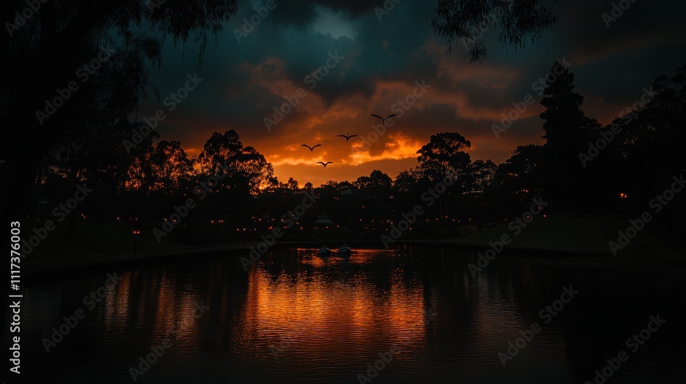Dramatic sunset over a tranquil lake at dusk, featuring dark silhouettes of trees and ominous clouds. Dramatic sunset over a tranquil lake at dusk, featuring dark silhouettes of trees and ominous clouds.