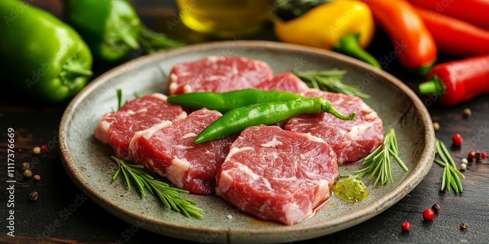 Raw meat and vibrant green peppers arranged on a plate, showcasing an appetizing combination of raw meat and fresh ingredients, perfect for culinary creations featuring raw meat. Raw meat and vibrant green peppers arranged on a plate, showcasing an appetizing combination of raw meat and fresh ingredients, perfect for culinary creations featuring raw meat.