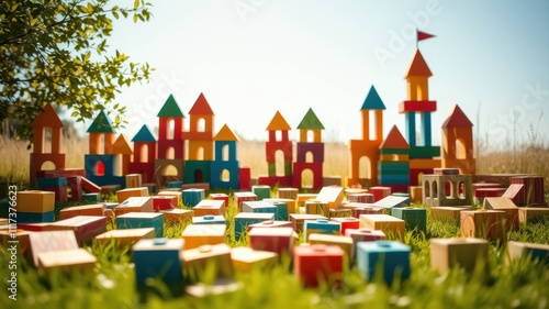 A vibrant cityscape constructed from colorful wooden building blocks, scattered across a lush green lawn, with a blurred background suggesting an expansive meadow.