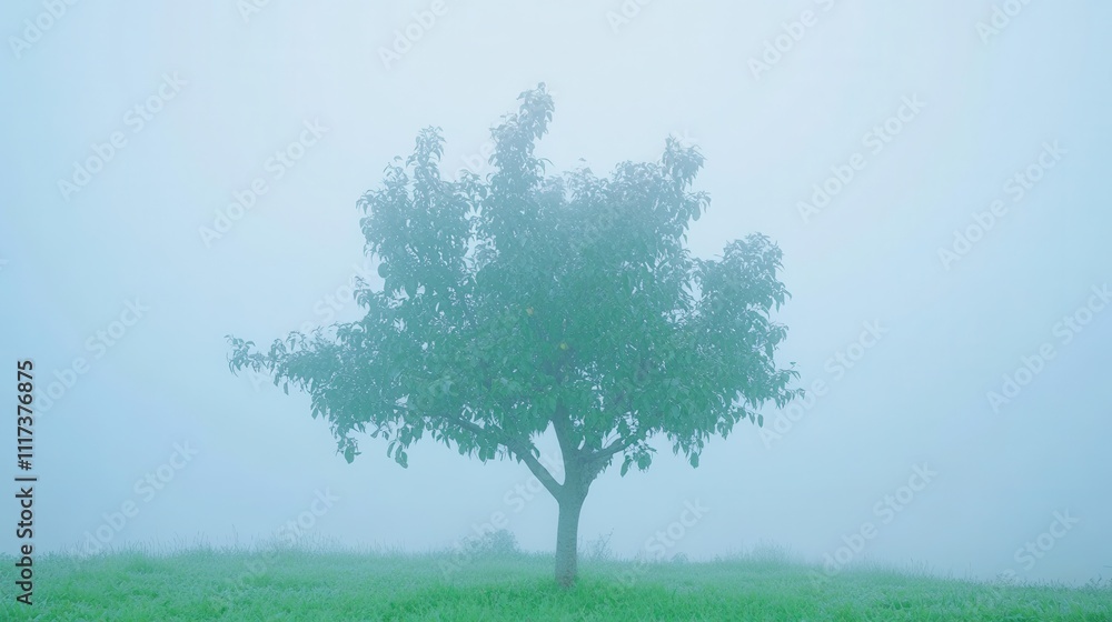 Fototapeta premium Solitary tree shrouded in thick morning fog, serene landscape.