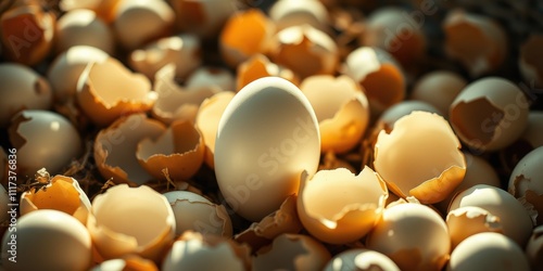 A single intact egg rests amidst a scattering of broken eggshells, bathed in the golden glow of sunlight. photo