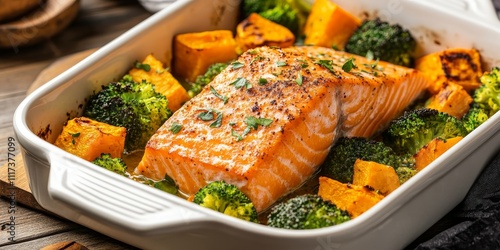 Delicious baked sockeye salmon fish fillet served with roasted sweet potato and broccoli in a beautiful enameled baking dish. This baked sockeye salmon presentation highlights the vibrant flavors.