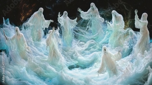 Spectral figures dance amidst ethereal clouds in a cosmic scene.