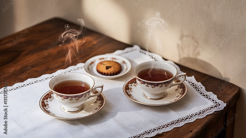Two Cups Of Steaming Tea With A Cookie On A Table Two Cups Of Steaming Tea With A Cookie On A Table