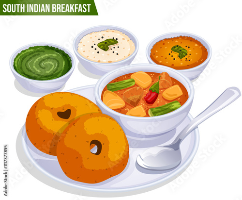 Vadas with Sambar & Spoon on a Plate with Mint, Coconut and Kara Chutneys in Separate Bowls. South Indian Breakfast. Authentic Cuisine Detailed Illustration. 