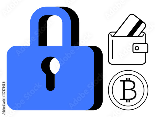 Large blue lock, card in wallet, and Bitcoin symbol highlighting secure transactions. Ideal for financial security, online banking, cryptocurrency, identity protection, digital wallets, e-commerce