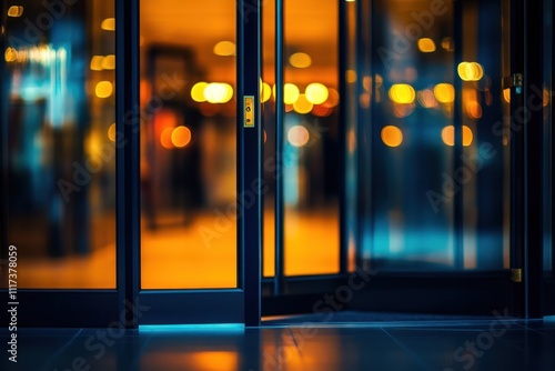 A blurred view of a revolving door with warm ambient lighting and a soft focus background.