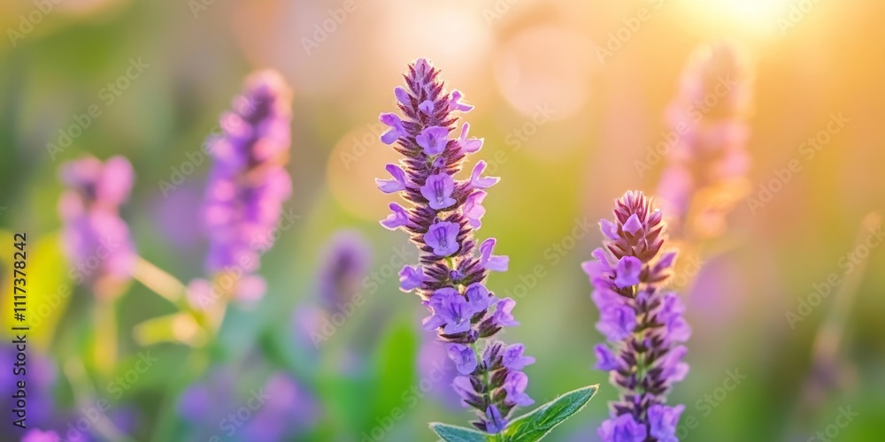 Obraz premium Purple tiny flowers of Common Self heal Prunella vulgaris bloom beautifully in a summer meadow, showcasing the vibrant beauty of Common Self heal in nature during the warm season.