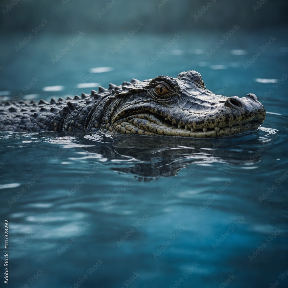 A caiman lounging in water, surrounded by a dreamy blue haze. A caiman lounging in water, surrounded by a dreamy blue haze.