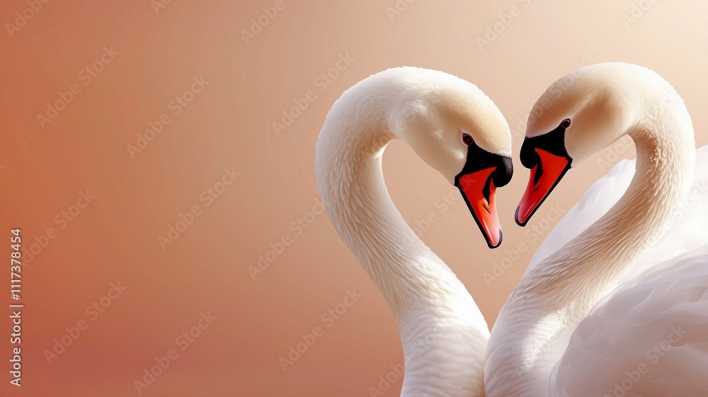 Fototapeta premium Two elegant swans form a heart shape with their necks against a soft, warm background, symbolizing love and connection.