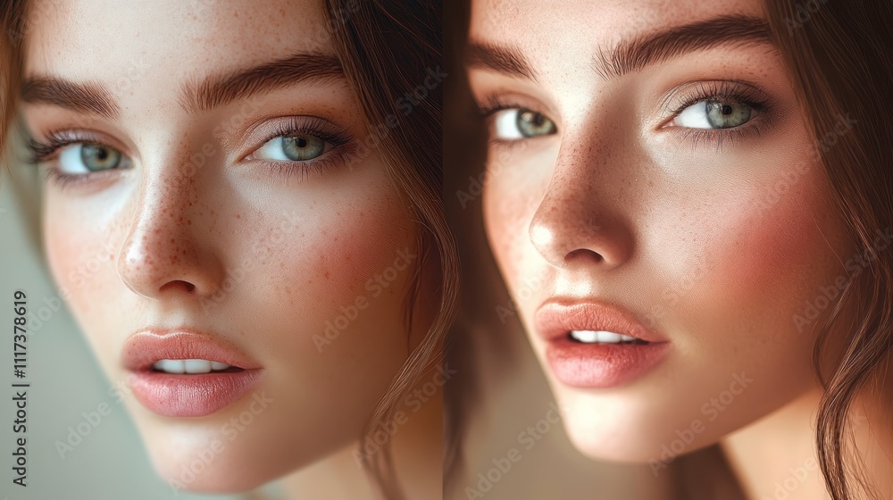 Radiant Beauty: A Close-Up Portrait of a Woman with Freckles and Soft Makeup Radiant Beauty: A Close-Up Portrait of a Woman with Freckles and Soft Makeup