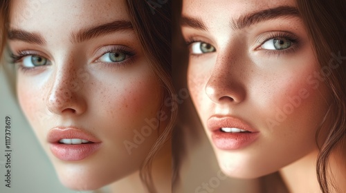 Radiant Beauty: A Close-Up Portrait of a Woman with Freckles and Soft Makeup