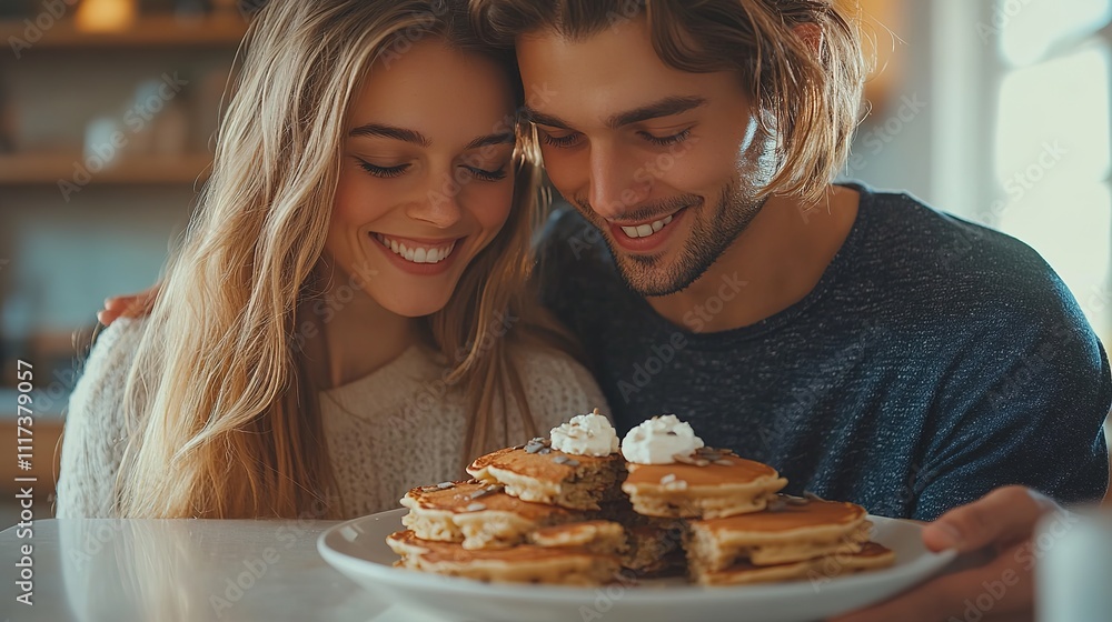 young couple sharing plate of vegan pancakes bright kitchen setting symbolizing veganuary commitment young couple sharing plate of vegan pancakes bright kitchen setting symbolizing veganuary commitment